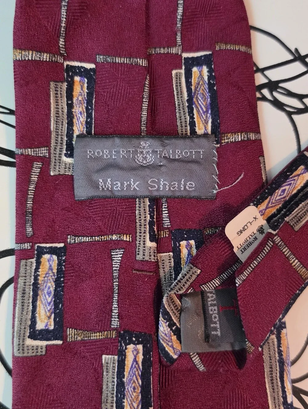Vintage Robert Talbott Mark Shale Silk Tie Extra Long XL Geometric Burgundy 65